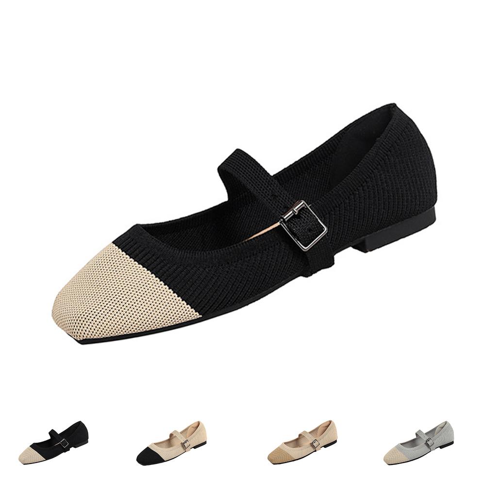 Women Flat Mary Jane Shoes Square Toe Knitted Upper Buckle Strap Slip On Casual Comfortable Lightweight Footwear
