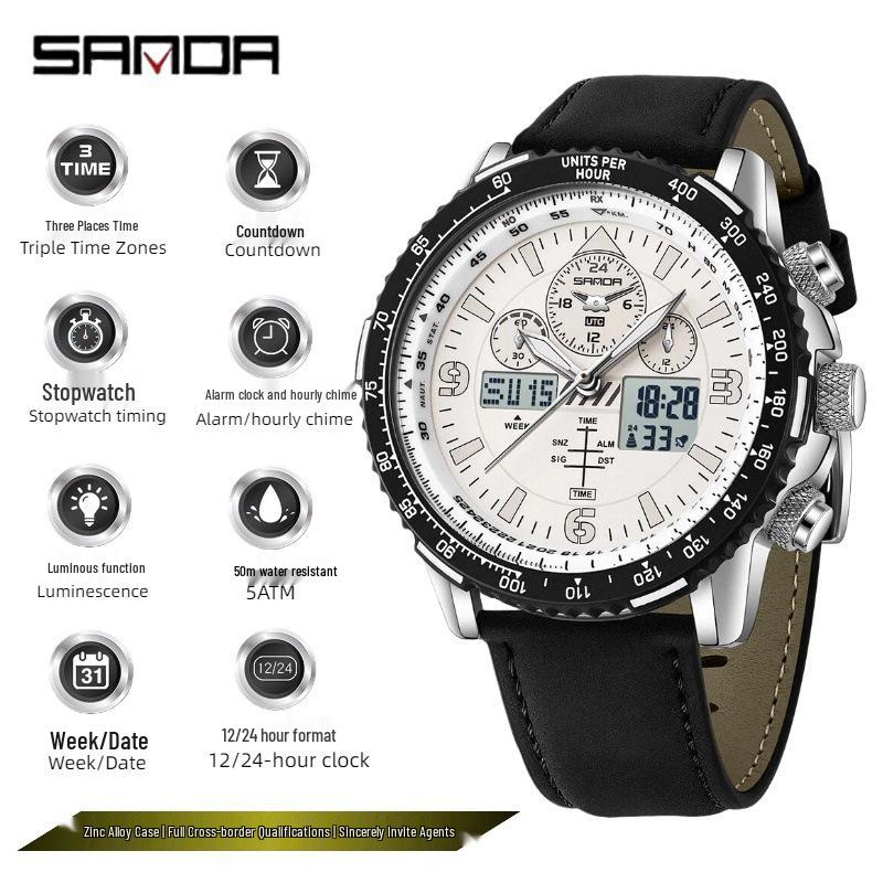 Sanda Men s Dual Movement Leather & Steel Watch with Large Luminous Dial, Alarm, and Stopwatch - European & American Fashion.