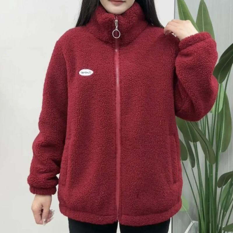 Dames Dikke Fleece Standkraag Jas Meerkleurig Warm Casual Herfst Winter Gezellige Buitenjas
