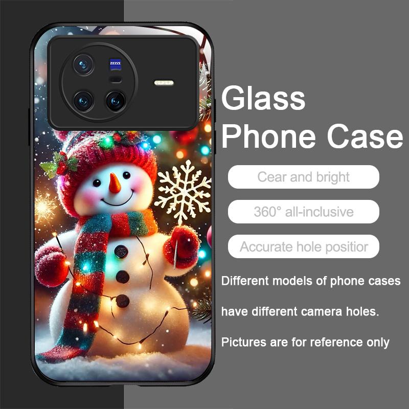 Cute Winter Snowman Christmas Tree Tempered Glass Phone Case for OPPO Reno 13F 12 11 10 ProPlus Find X8 X3 Lite A58 A94 5G Cover