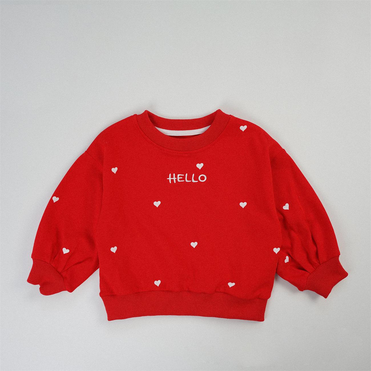 Girls  Embroidered Heart Hoodie - 2025 Autumn Style, Round Neck, Cute Casual Long Sleeve Top 90cm