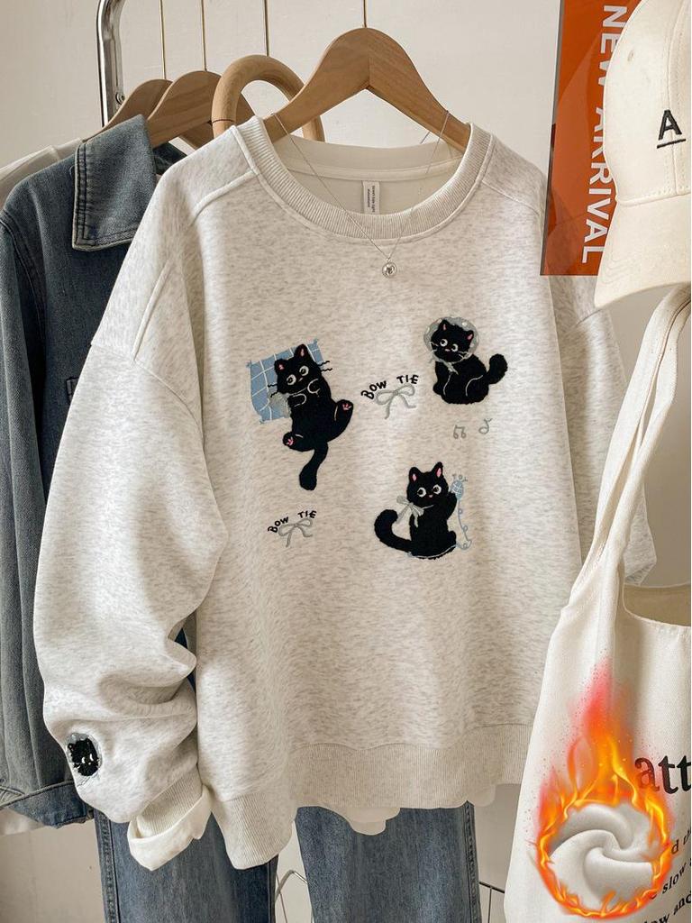 Damen Besticktes Graues Sweatshirt, Herbst/Winter 2025, Locker Geschnitten Übergröße, Petite Oberbekleidung Top