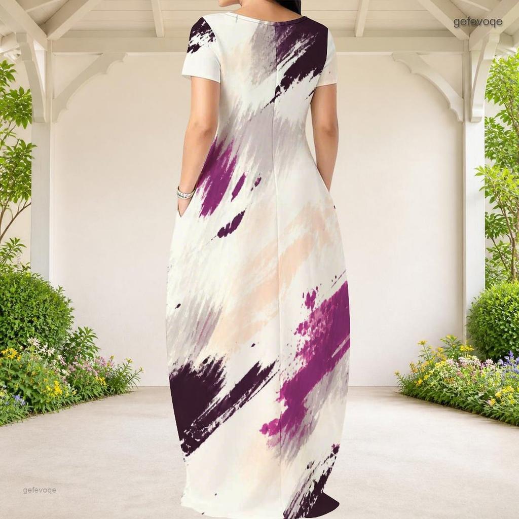 Women Plus Size Round Neck Short Sleeve Printed Loose Maxi Dress With Side Pockets