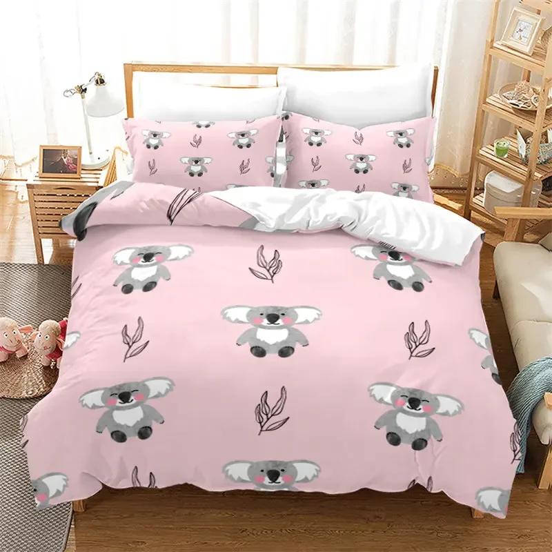 Cartoon Koala Cute Animal Leaves Flowers Comfortable Duvet Quilt Cover Pillowcase Bedding Set Bedroom Decoration Home Textile