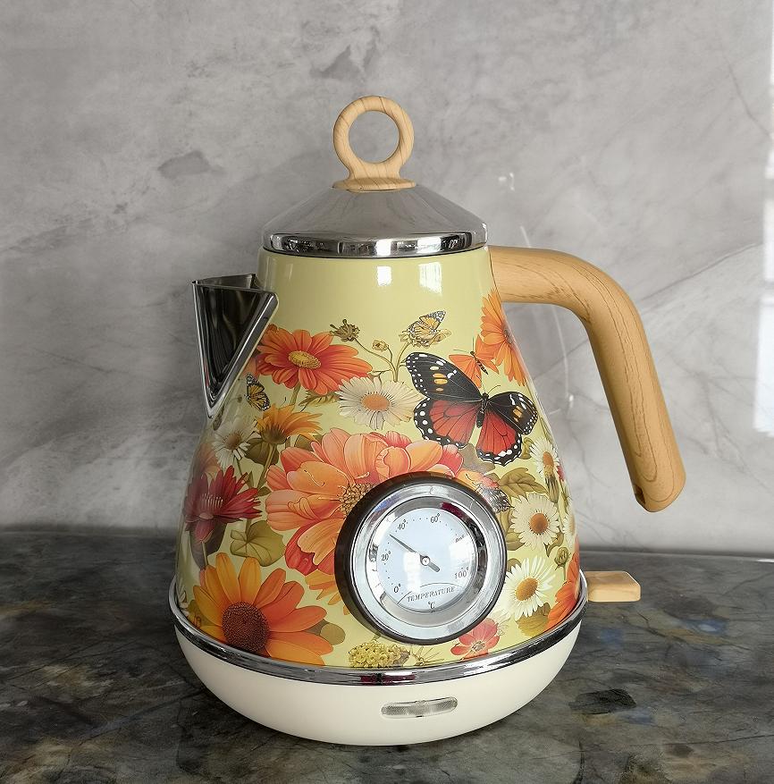 Floral Painted Electric Kettle with Vintage Dial Thermometer Heater 1850W SUS304 LED 1.7L automatic shut-off and dry boil protection