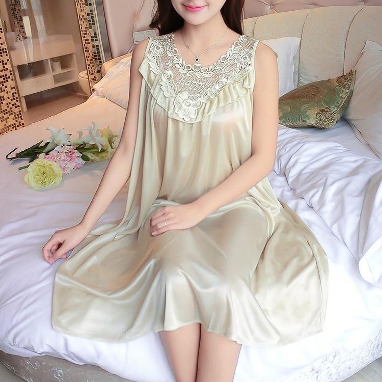Women Ice Silk Satin Nightdresses Round Neck Lace Nighties Sleeveless Tank Nightgown Loose Sleepwear Loungewear