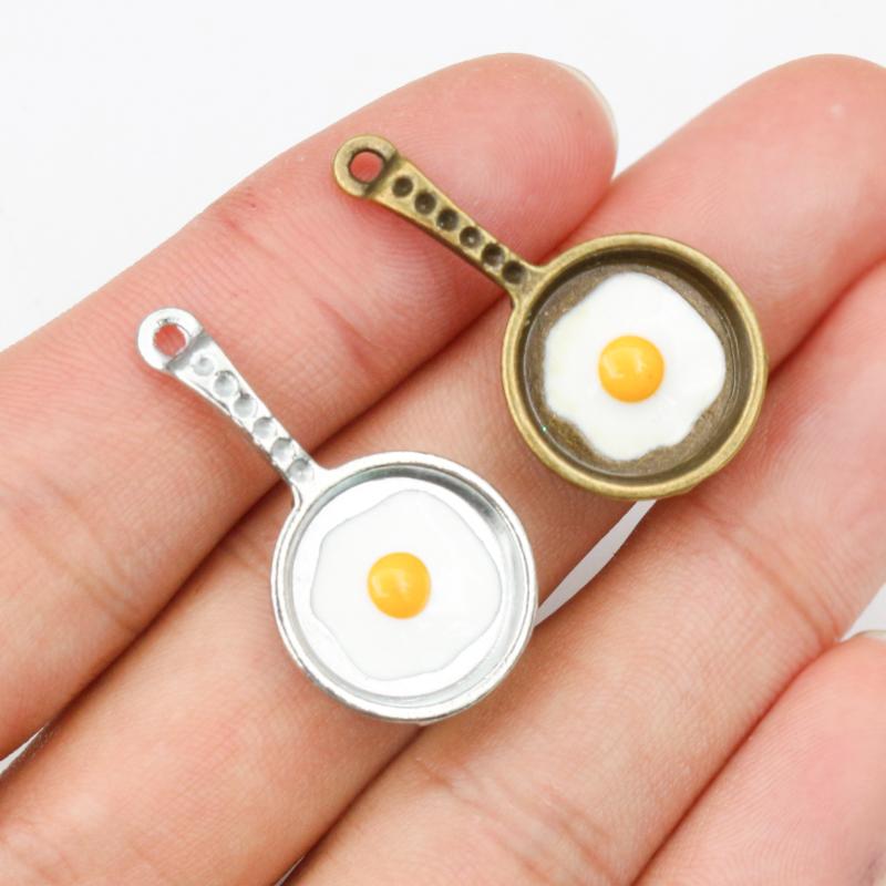 6pcs Charms Pendant 32x17mm Funny Egg Omelette Pan DIY Jewelry Making Accessories for Necklace Keychains Findings