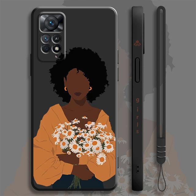 Hübsches afrikanisches Mädchen Gänseblümchen Blume Schmetterling Flüssighülle für Xiaomi Redmi Note 11 11t 9 9s 8 10 Pro für Redmi 8 9t 9a 9c 10c Abdeckung