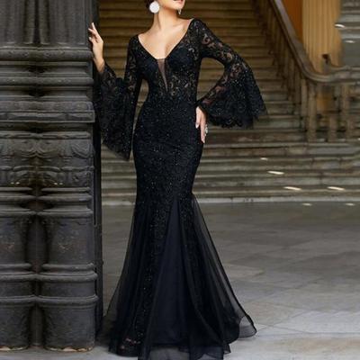 Women Evening Dress V Neck See-through Lace Embroidery Flared Sleeves Ball Gown A-line