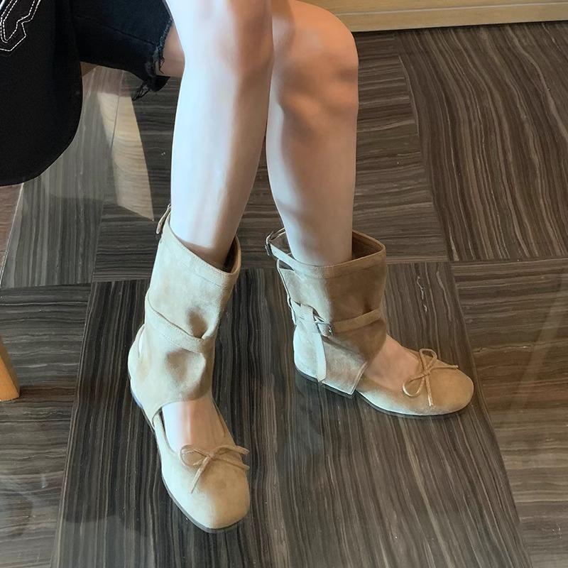 Maillard Boots Women's 2025 Spring/Summer New Design Round Toe Bow Versatile Thick-heeled Cool Boots Ballet Single Shoes