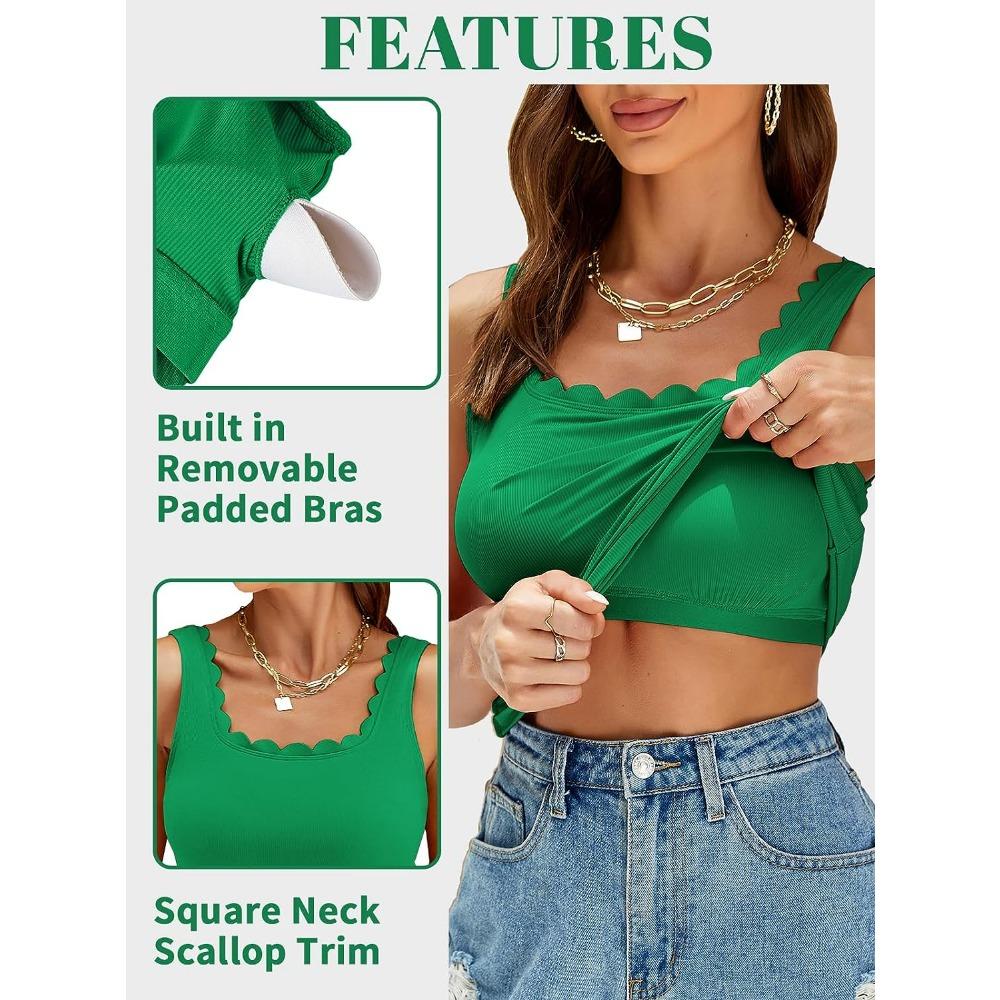 Attraco Built In Bras Tank Top for Women Square Neck Scallop Trim Camisole Summer Sleeveless Ribbed Cami Top