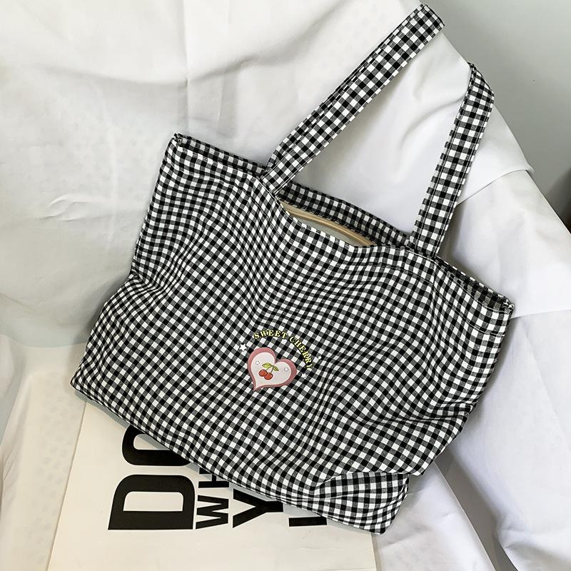 

Retro Plaid Women s Portable Shopping Bags Eco Reusable Female Cott Tote Shoulder Bag College Girls Book Handbags with Zipper чёрный