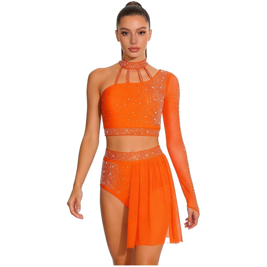 Women's Latin Dance Costume S-XXL: Asymmetrical Halter Top with Single Sleeve & Stappy Back + Rhinestone Mesh Hem Shorts
