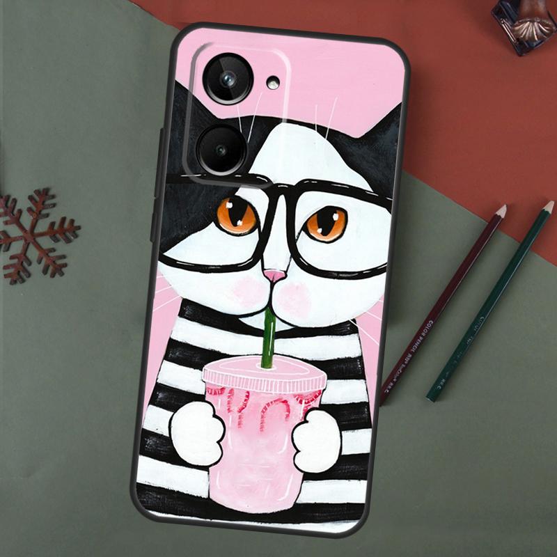 Cute Coffee Milk Cat Case For Realme C61 C53 C55 C33 C63 C51 C65 C67 C71 C75 11 12 13 14 15 Pro Plus GT6 GT7 Pro