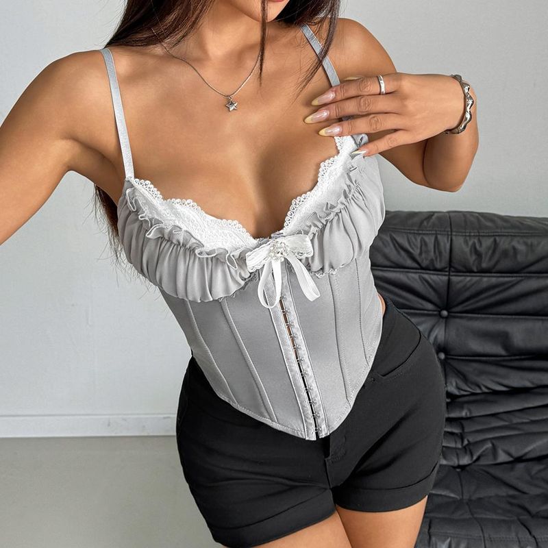 Cross-Border Sexy See-through Mesh Patchwork Lace Chest Cotton Sexy Fishbone Sling Fancy Inner Wear Blouse