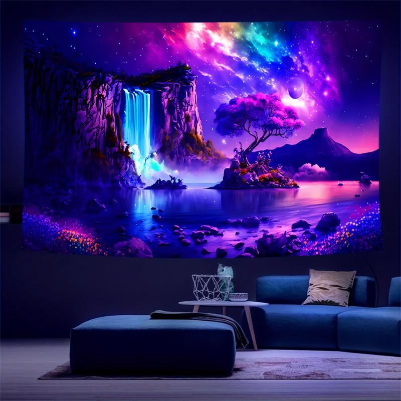 VIKAMA Fantasy Starry Sky Waterfall Tapestry with Purple Tree Nebula for Bedroom Living Room Decor Aesthetic Cyber Healing Wall