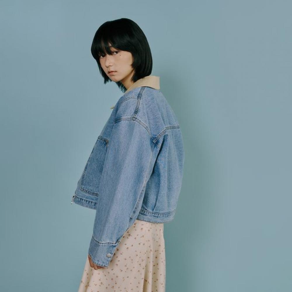 Color Block Collar Denim Zip Up As1dz261