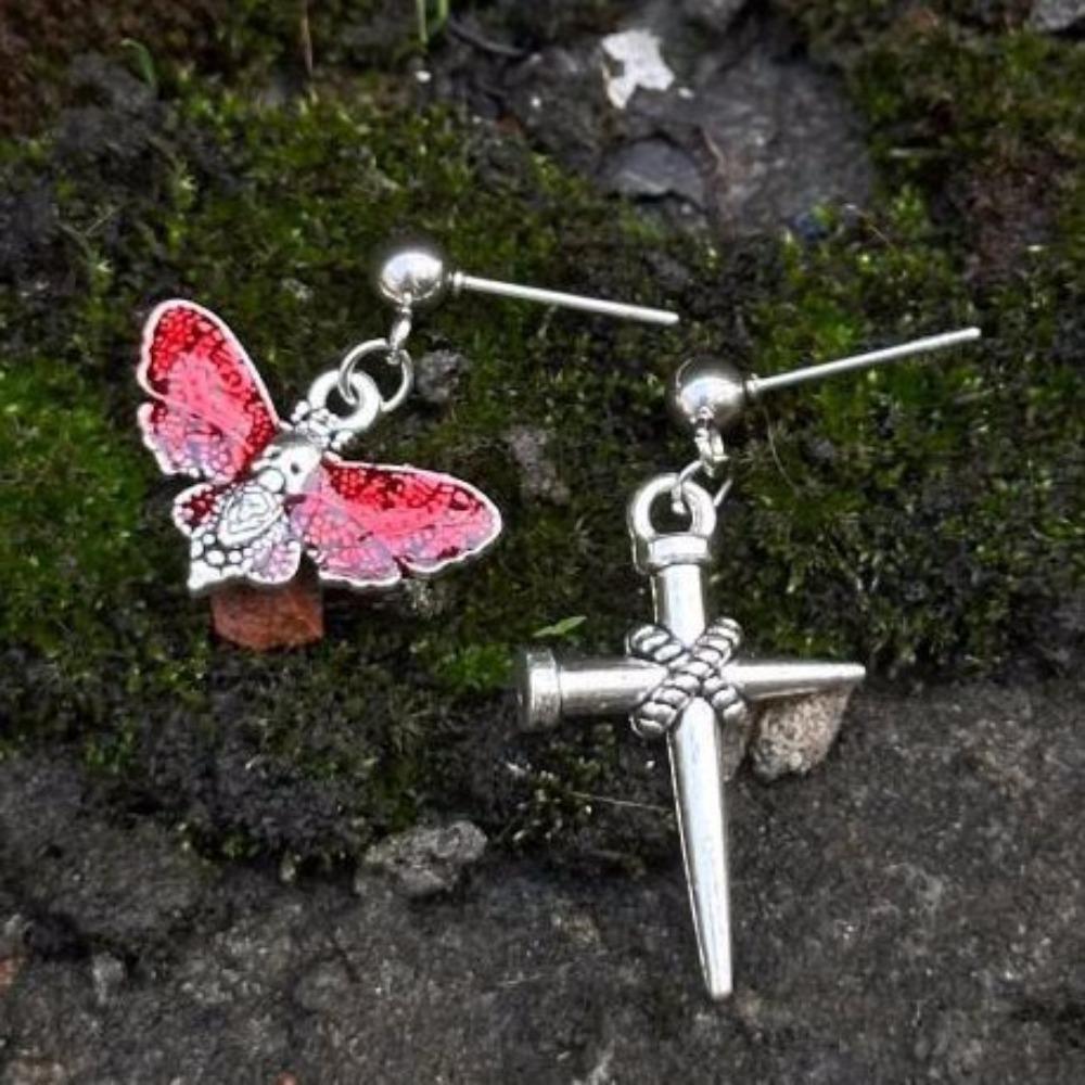 Punk Gothic Sliver Color Stainless Steel Cross Red Moth Skull Asymmetry Dangle Earrings for Women Hallowmas Party Jewelry Gifts