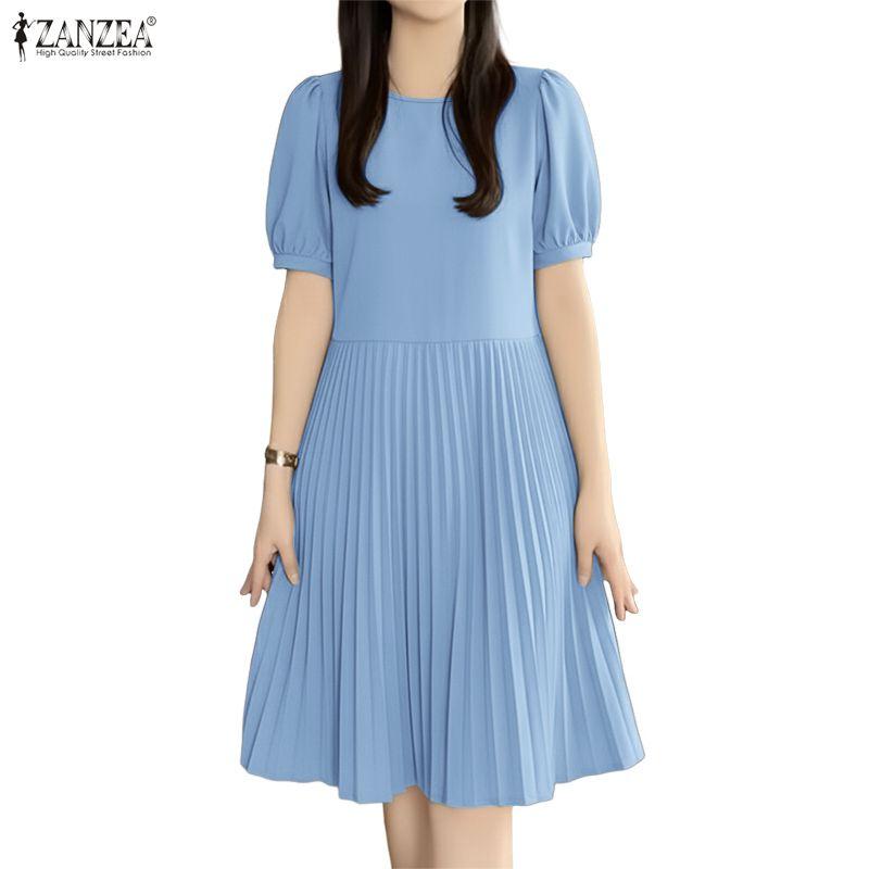 ZANZEA Women Daily Casual Round Neck Solid Color Short Sleeve Dress