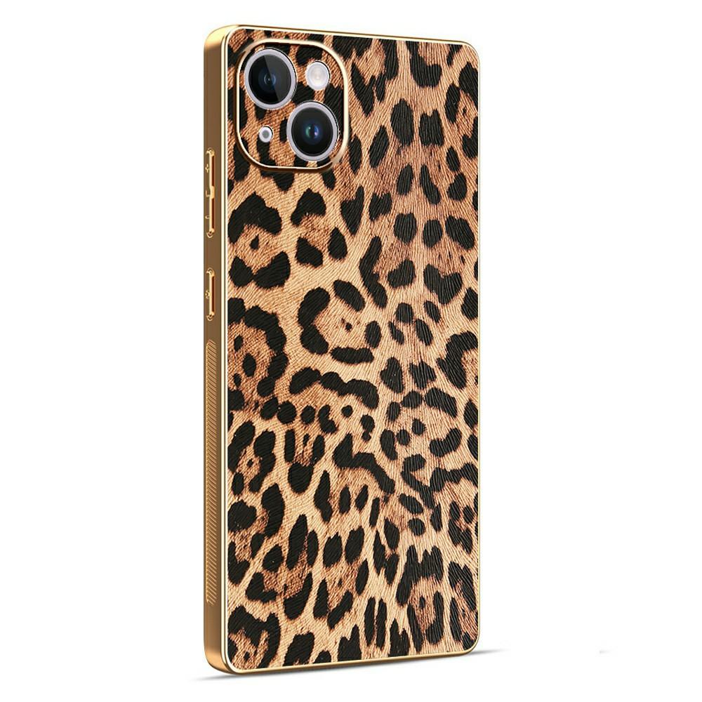 

For iPhone 14 Case Leopard Print PU Leather Coated PC+TPU Electroplating Phone Cover A