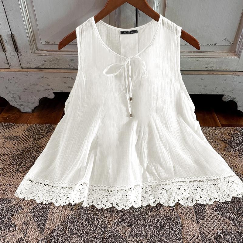 ZANZEA Women Summer Round Neck Sleeveless Lace Vests