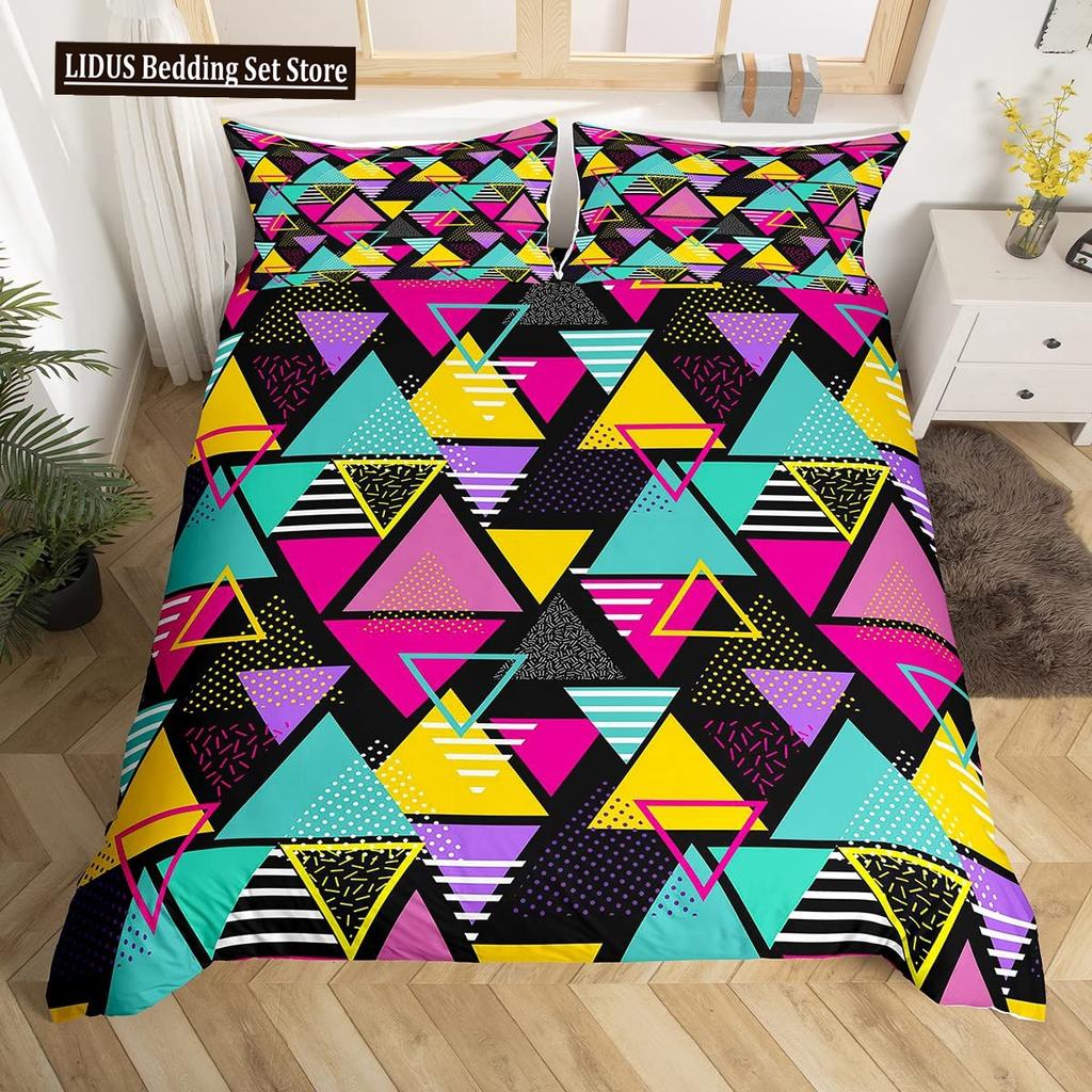Retro Memphis Style Duvet Cover Set Galaxy Fashion Style Geometric Shapes Bedding Set Full,Hipster Old Fashioned Comforter Cover
