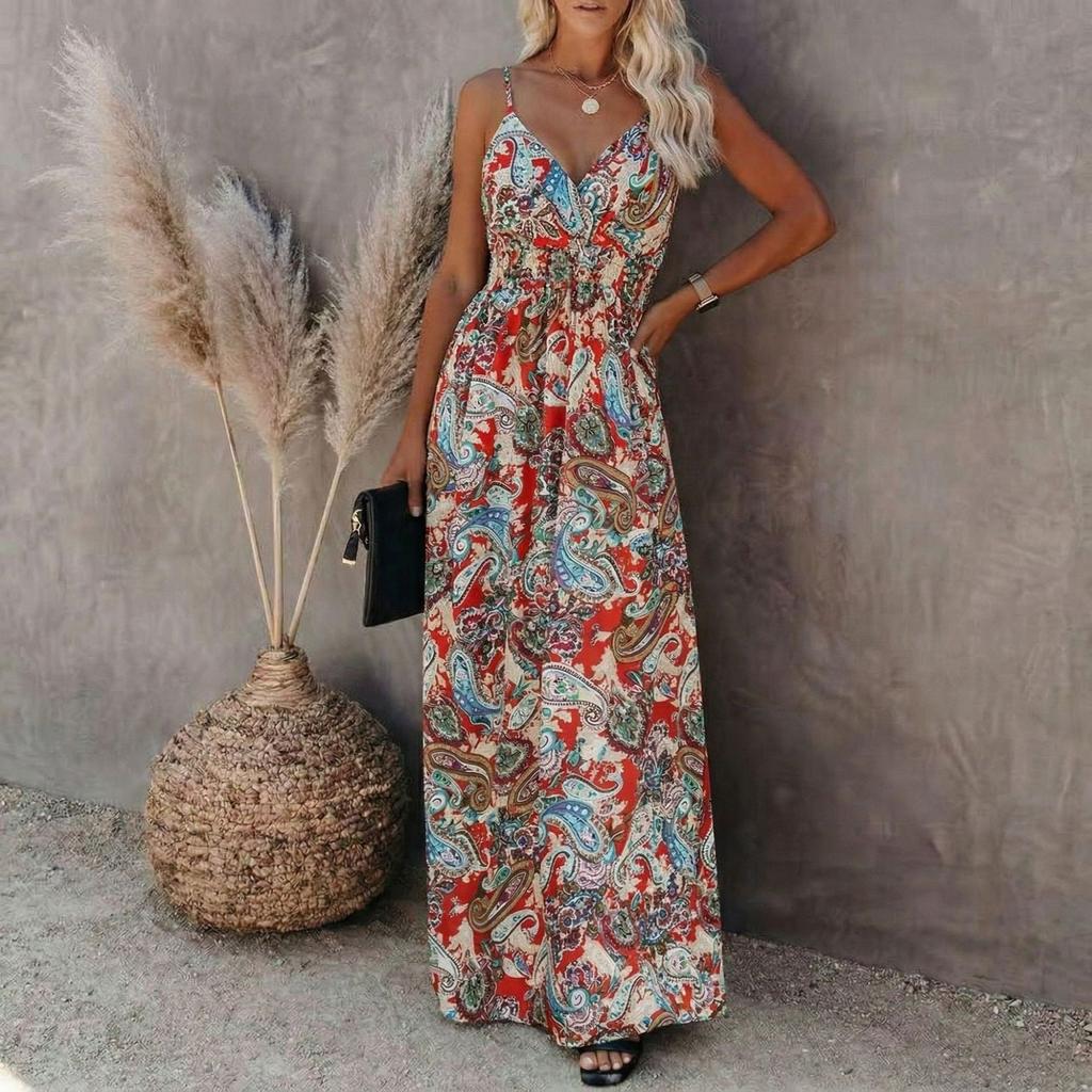 Women’s Floral Print Maxi Dress Sleeveless V Neck Adjustable Spaghetti Strap Long Summer Dress Casual Loose Fit Beachwear