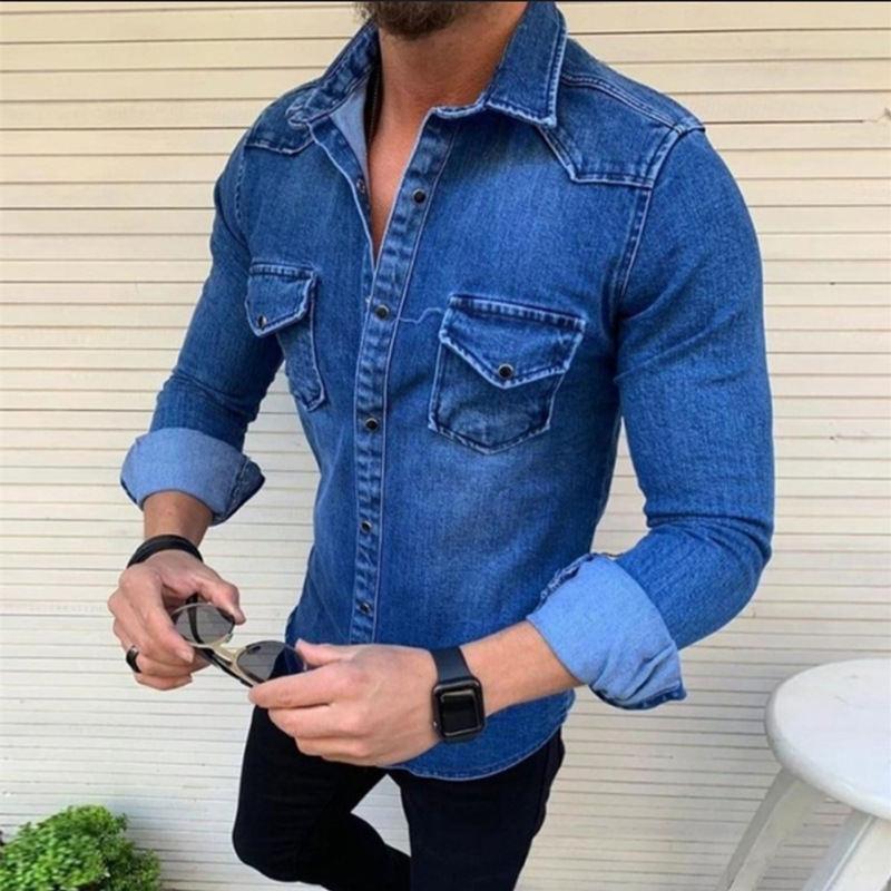 Camicia da uomo in denim lavato, manica lunga, slim, semplice, casual, giacca da pendolare