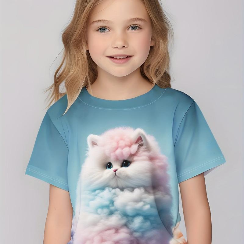 Odzież Dziecięca Ubrania dla Dziewczynki Koszulka z Krótkim Rękawem dla Dziewczynki Nadruk Kawaii ze Zwierzętami Uroczy Top dla Dziewczynki Letnia Odzież Dziecięca Dziewczęce Ubrania