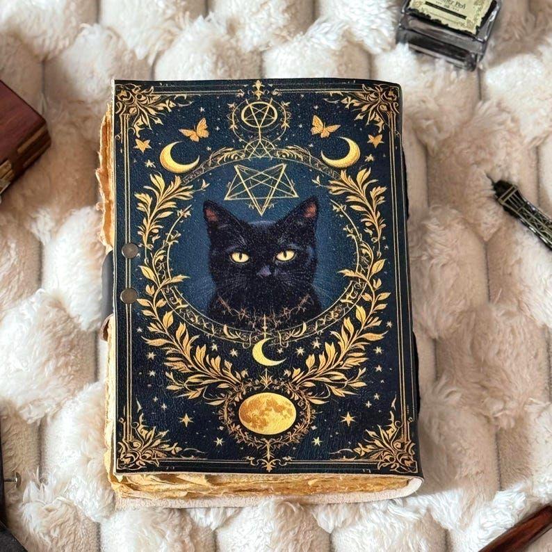 Cat Leather Journal: Vintage Handmade Grimoire, Blank Book of Shadows