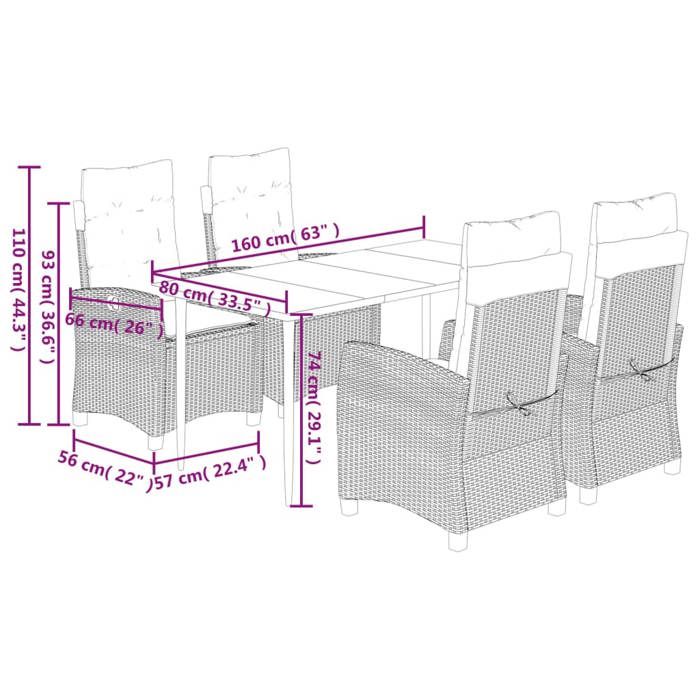 VidaXL Ensemble à Manger de Jardin avec Coussins 5 pcs, Table et Chaises avec Dossier Réglable, Meubles d'Extérieur, 3212826