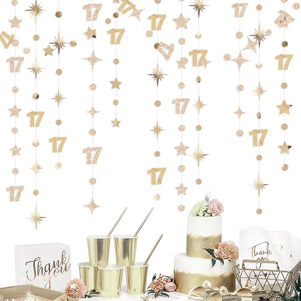 Black 17th Birthday Decorations Number 17 Circle Dot Star Garland Streamer Banner Backdrop for Girls Boys Cheers to 17 Years Old Birthday 17 and