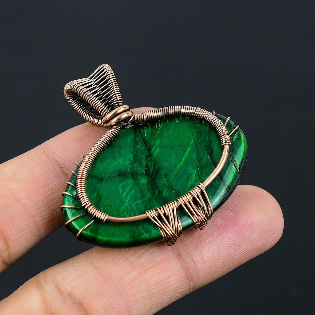 Grüner Flash-Labradorit-Edelstein, reiner Kupferdraht, umwickelt, handgefertigter Anhänger-Schmuck