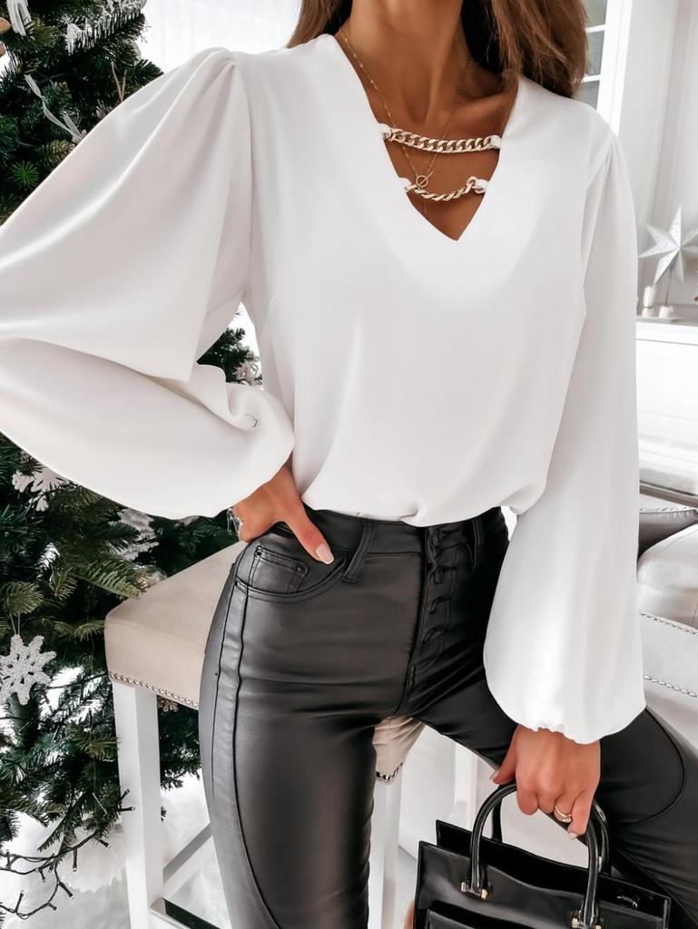 2023 Women's Solid Casual V-Neck Shirt with Metal Decoration - European and American Style