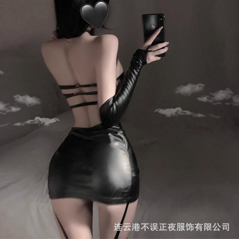 Right night sex underwear sexy patent leather hip skirt uniform qing temptation suit pure desire pajamas qqny