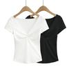 V-neck Pleated Short-sleeved T-shirt Women's Summer New American Spice Girl Solid Color Retro Casual Slim-fit Bottoming Top