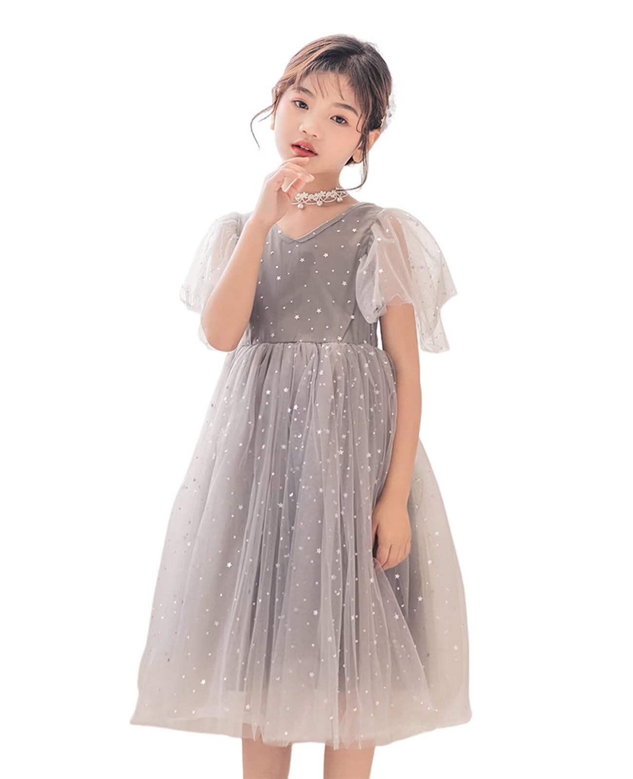 

Kayiyasu Formal Dress with Star Perfect for Piano Kindergarten Entrance and Sizes Girls Pattern, Recitals, Concerts, Weddings, Ceremonies, Parties, серый