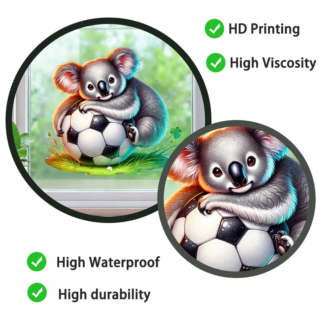 Creative Koala Hugging Football on Grass Static Cling Window Film Sticker for Bedroom Living Room Balcony Home Decor