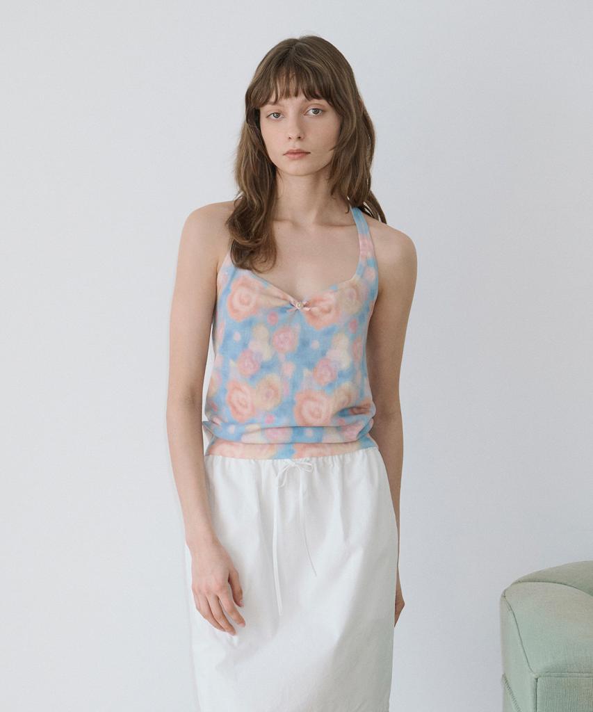 SINOON Rose Floral Knit Halter Top (Blue)