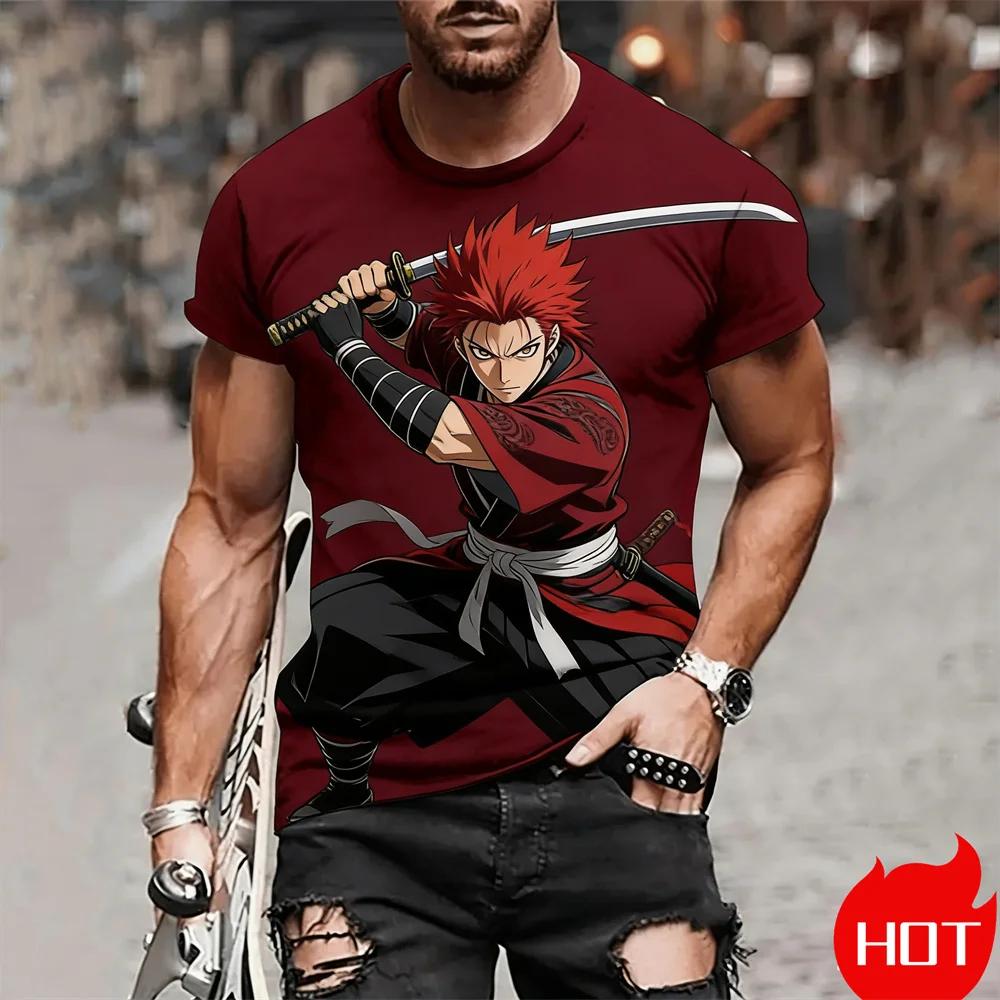 Anime Printed Men's T-shirt 3D Cool Samurai Pattern Short Sleeve Tops Daily Leisure Fashion Breathable Round Neck Pullover Tops