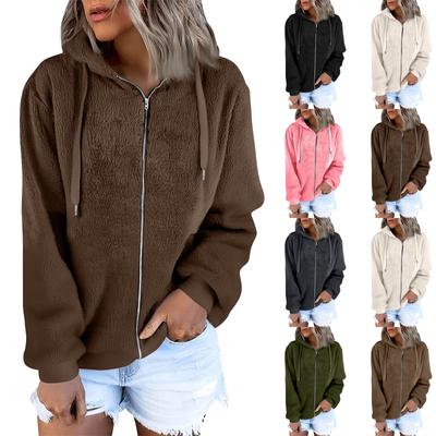 Damen Modischer Warmer Fleece Einfarbig Hoodie Reißverschlusstasche Freizeitjacke
