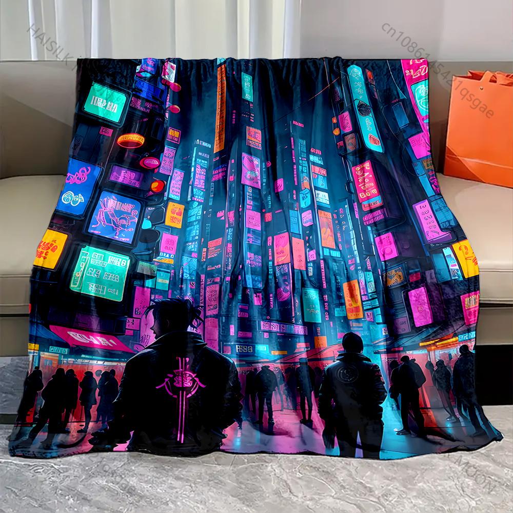 

1PC Neon-lit futuristic city Print Adult Children Warm Blankets Home Travel Car Soft Comfortable Suitable for all seasons 75x90cm
