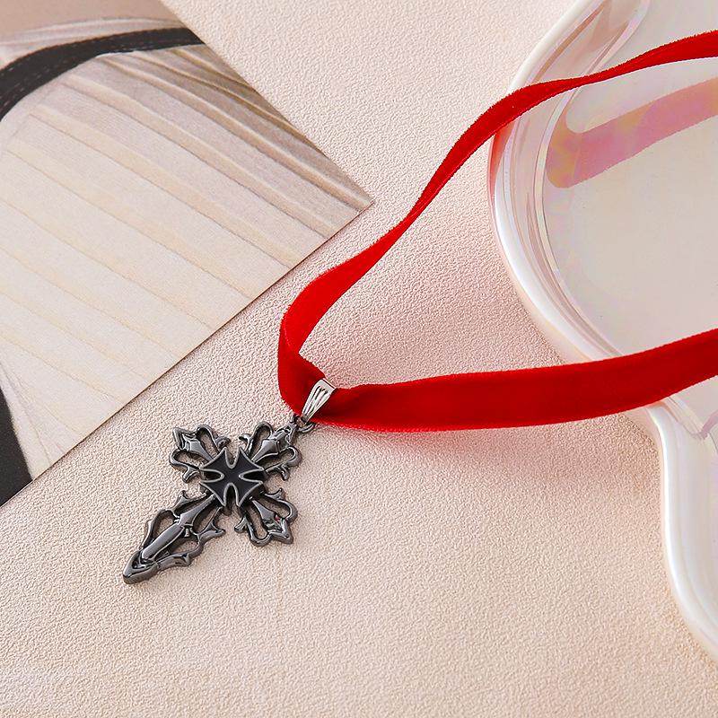 European & American Dark Style Velvet Choker with Hollow Cross Pendant