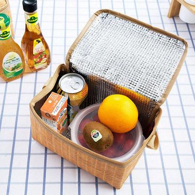 Portable Wicker Rattan Basket Waterproof Tableware Container Khaki Lunch Box Keep Warm Outdoor Camping Picnic Bag