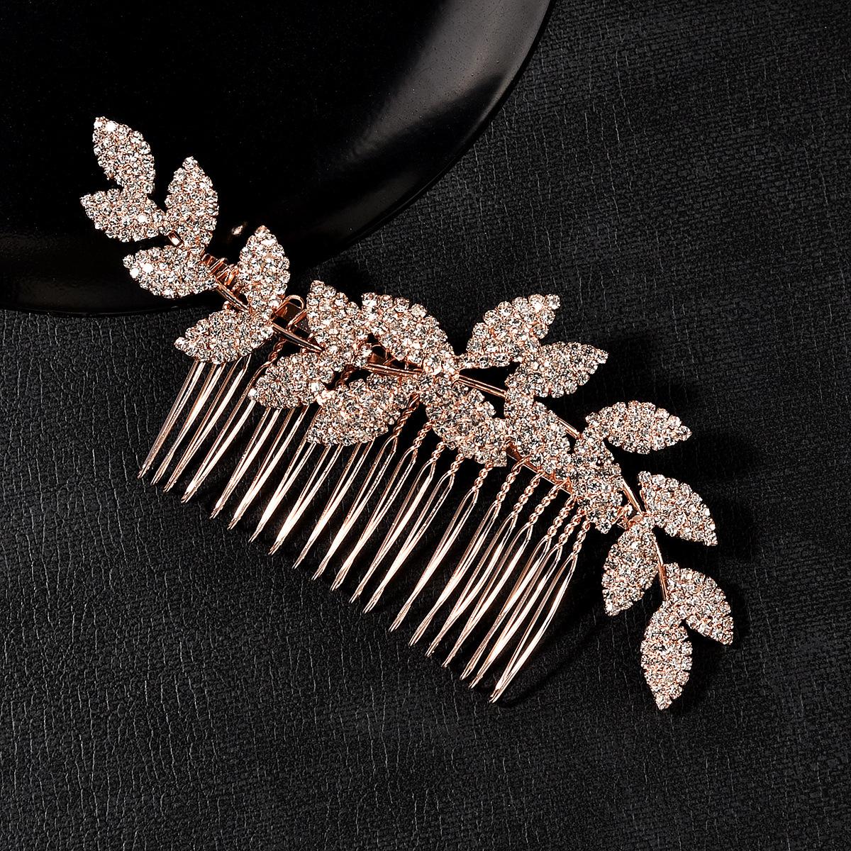 Cross-Border European and American Simple Bridal Hair Comb Wavy Rhinestone Leaves Multi Teeth Accessories розового золота