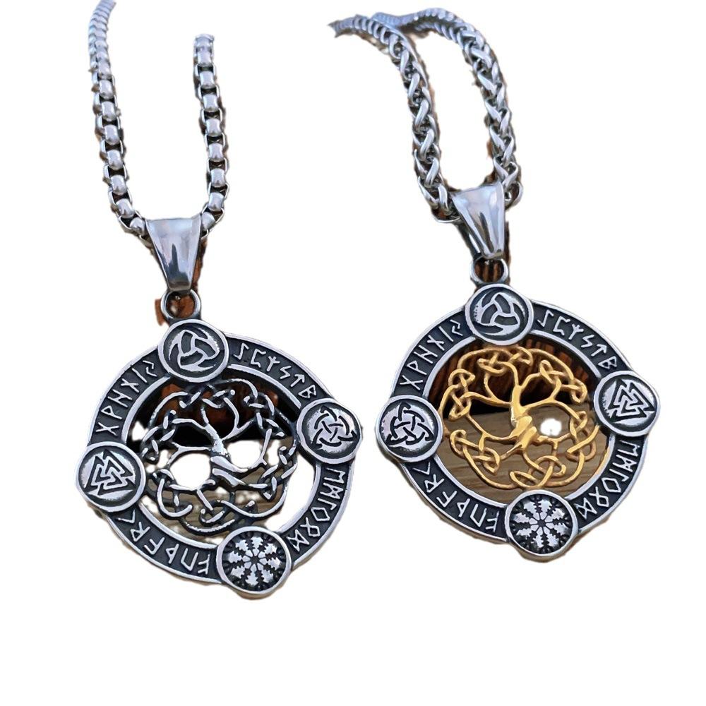 Stainless Steel Viking Odin Triangle Logo Rune Luna Tree of Life Necklace Pendant