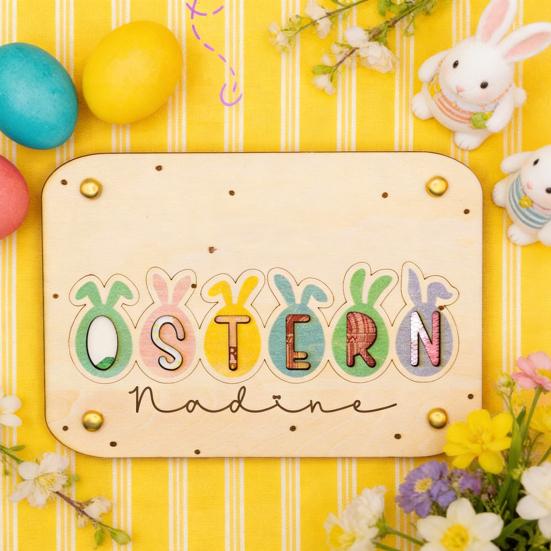 Wooden Easter Greeting Card Handmade OSTERN Rabbit Ear Colorful Egg Decoration Sign