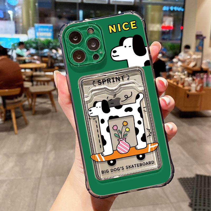 Transparent Card Slot Bag Holder Phone Case For iPhone 13 15 16 11 12 14 Pro Max XR XS X 7 8 Plus SE  Cartoon Cute Dog Cover