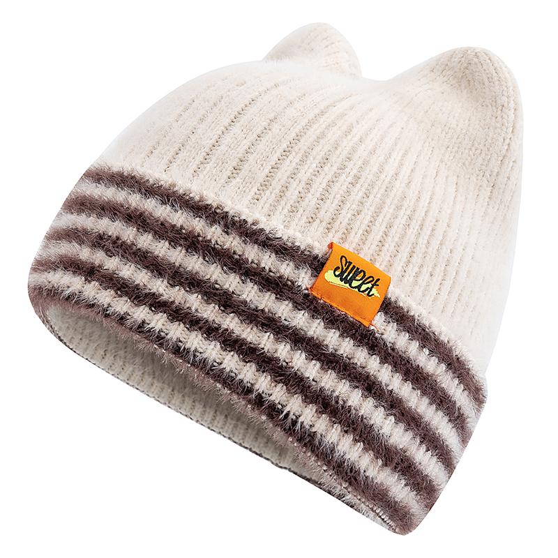 

Новая Милая Шляпа Денди Шапка-Бини с Кошачьими Ушками Сладкие Зимние Шапки для Женщин Уличный Y2K Конфетные Цвета Полоски Теплые Шапки для Девочки 54cm-58cm бежевый