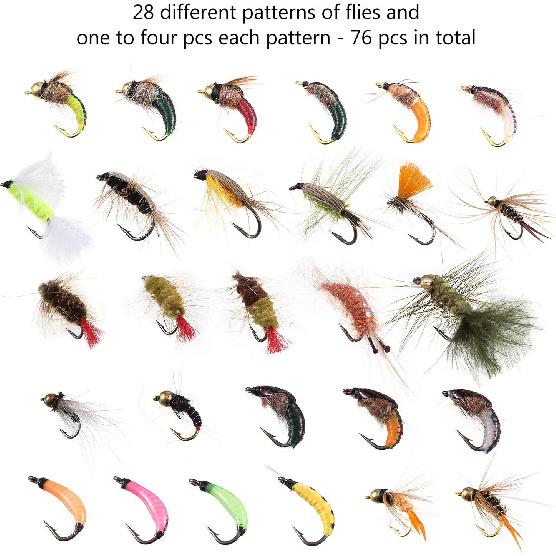Bassdash Fly Fishing Fly Set Trout Bass Fishing with Fly Box 36/64/72/76/80/96 Pieces with Dry Flies/Wet Flies, Nymphs, Streamers, Poppers